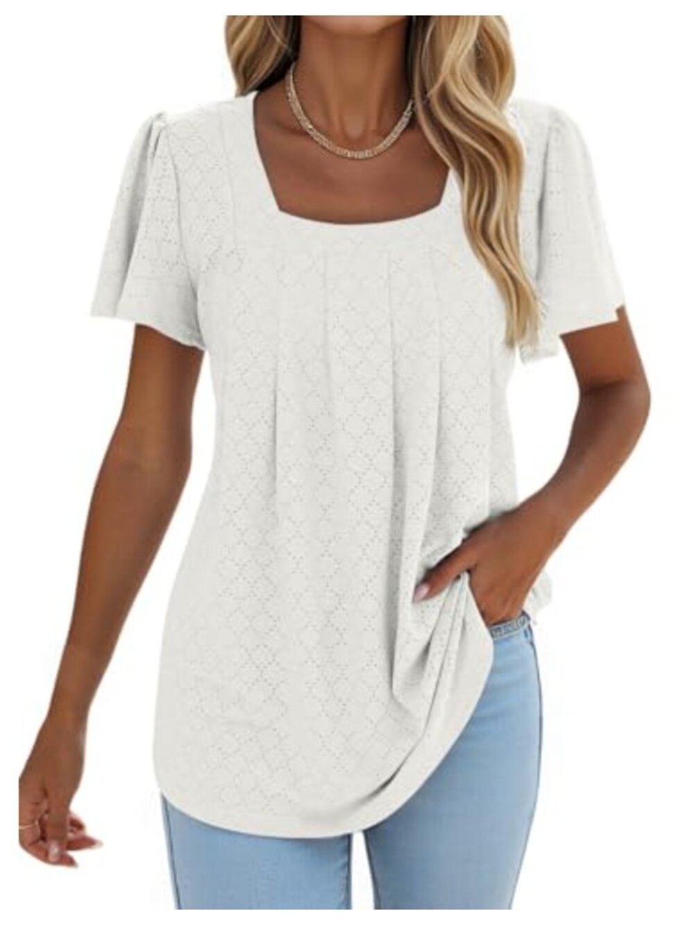 Pleated Square Neck Ruffle Sleeve Tunic Tee Loose Flowy Curved Hem